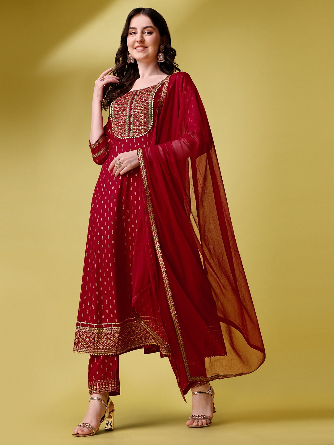 

KALINI Ethnic Motifs Printed Sequinned Anarkali Kurta With Trousers & Dupatta, Red