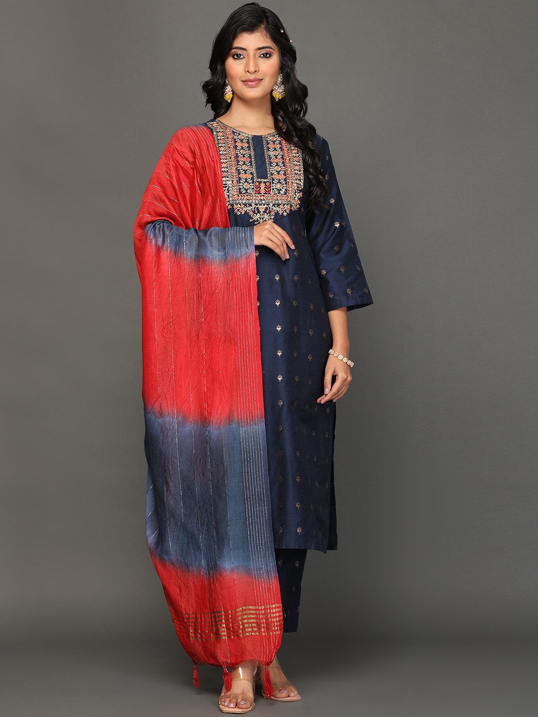 

KALINI Floral Embroidered Pure Silk Kurta With Trousers & Dupatta, Blue
