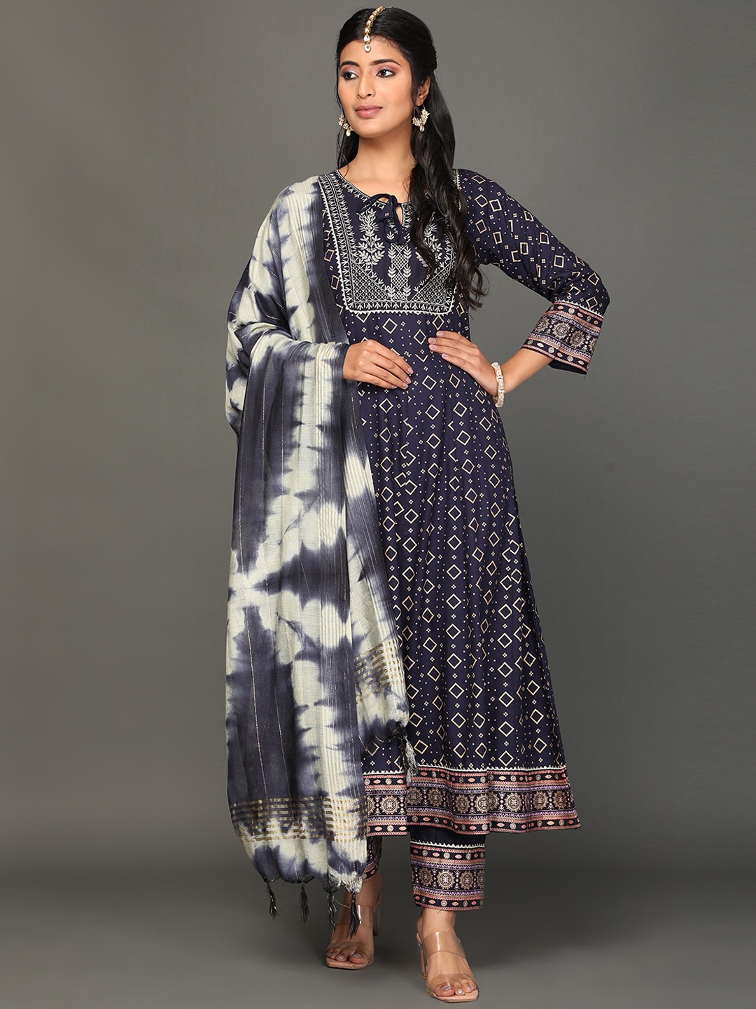

KALINI Ethnic Motif Printed Regular Kurta with Palazzos & Dupatta, Navy blue