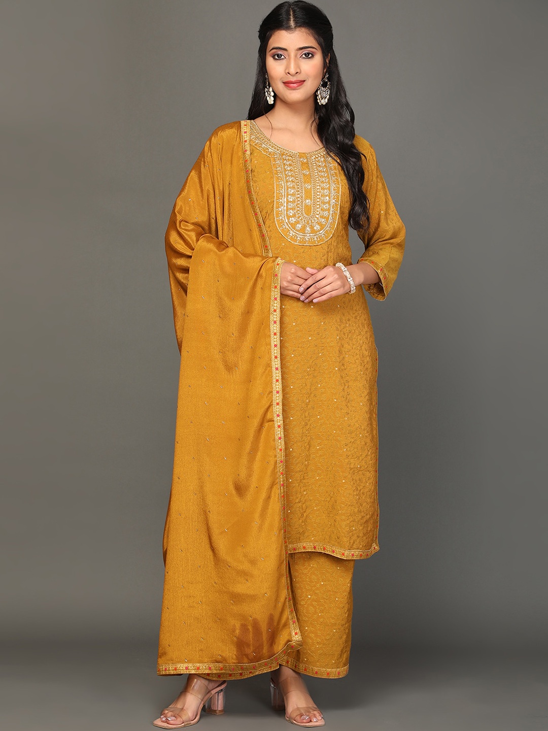 

KALINI Floral Embroidered Sequinned Pure Silk Kurta With Palazzos & Dupatta, Mustard