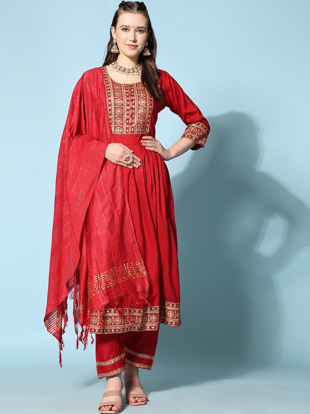 

KALINI Ethnic Motifs Yoke Design Kurta with Trousers & Dupatta, Maroon