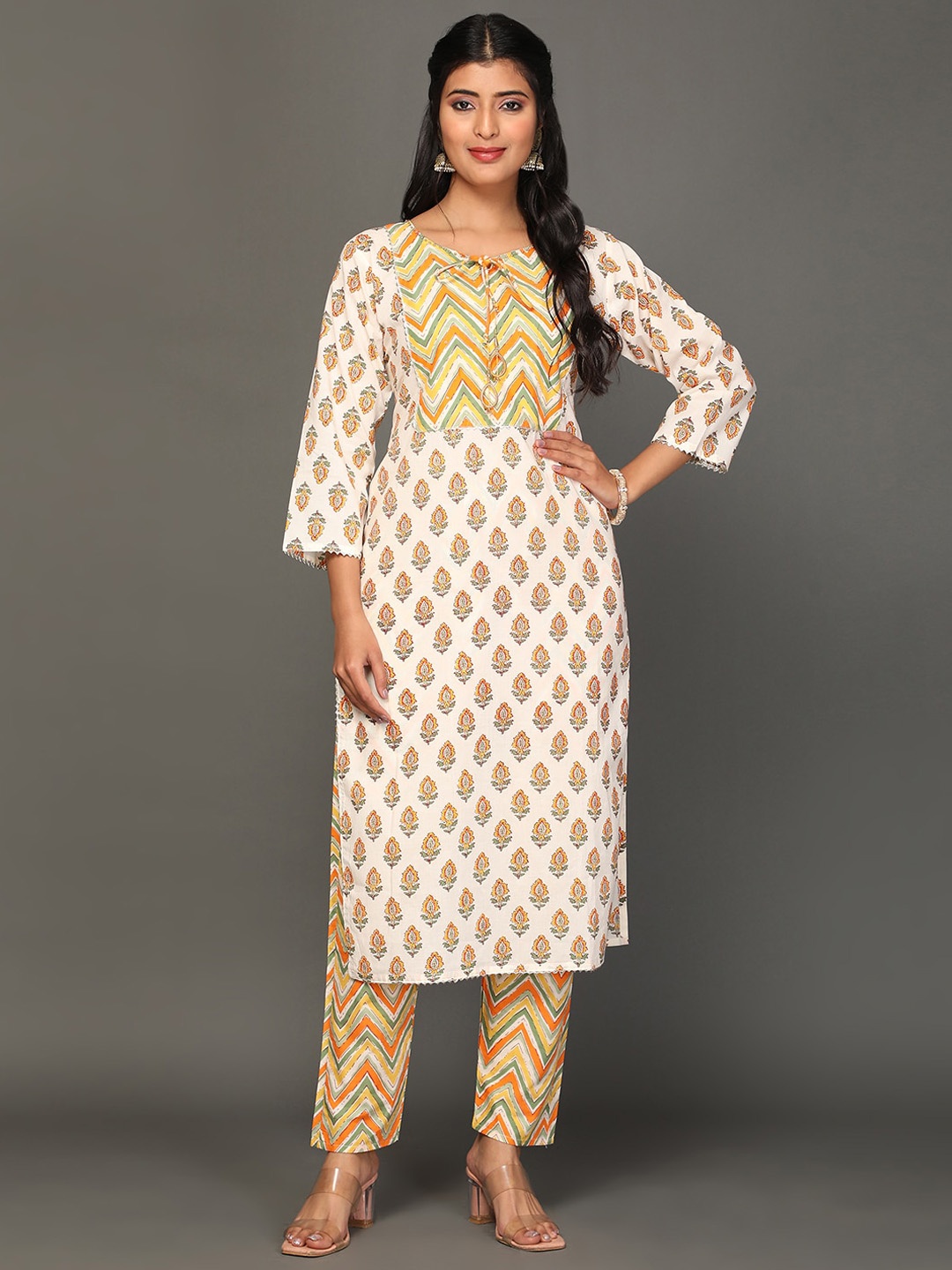 

KALINI Ethnic Motifs Printed Pure Cotton Kurta with Trousers & With Dupatta, Orange