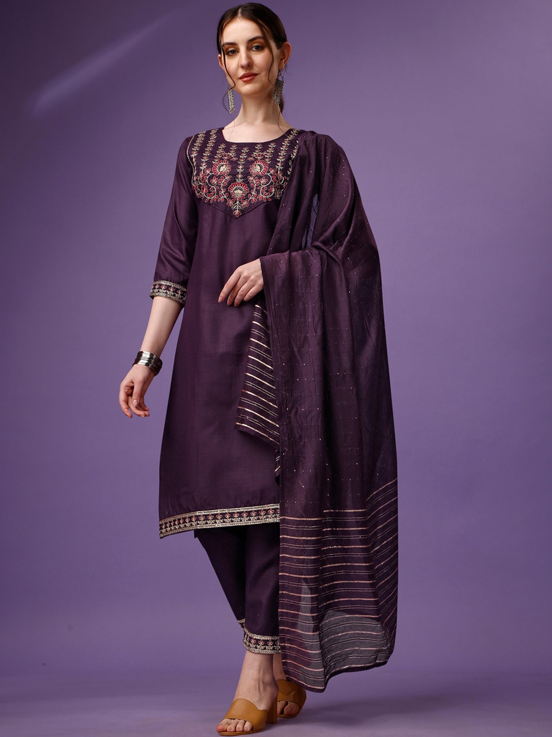 

KALINI Ethnic Motifs Embroidered Sequinned Kurta With Trousers & Dupatta, Purple