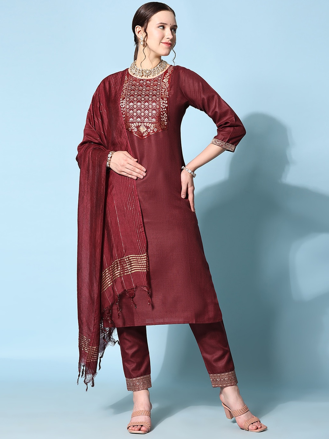 

KALINI Woven Design Kurta with Trousers & Dupatta, Maroon