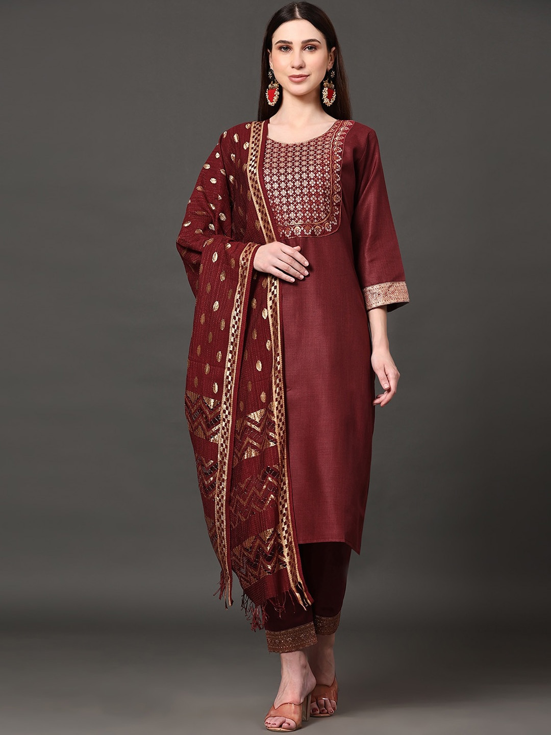 

KALINI Ethnic Motifs Yoke Design Regular Thread Work Kurta With Trousers & Dupatta, Maroon