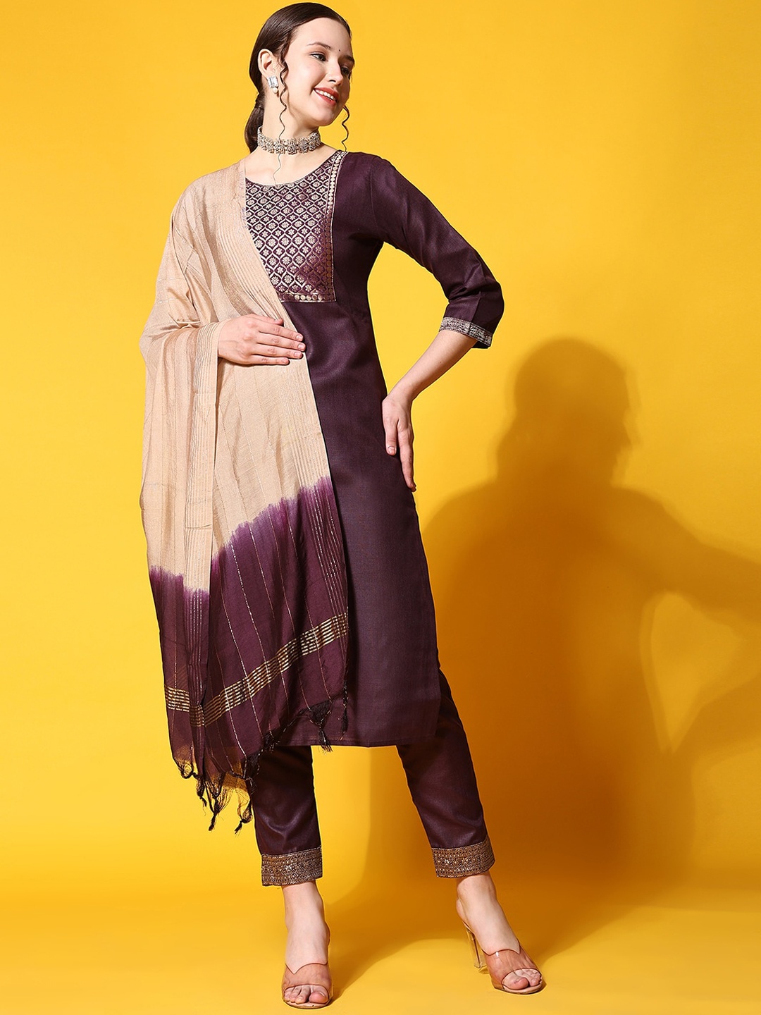

KALINI Ethnic Motifs Yoke Design Kurta with Trousers & With Dupatta, Burgundy