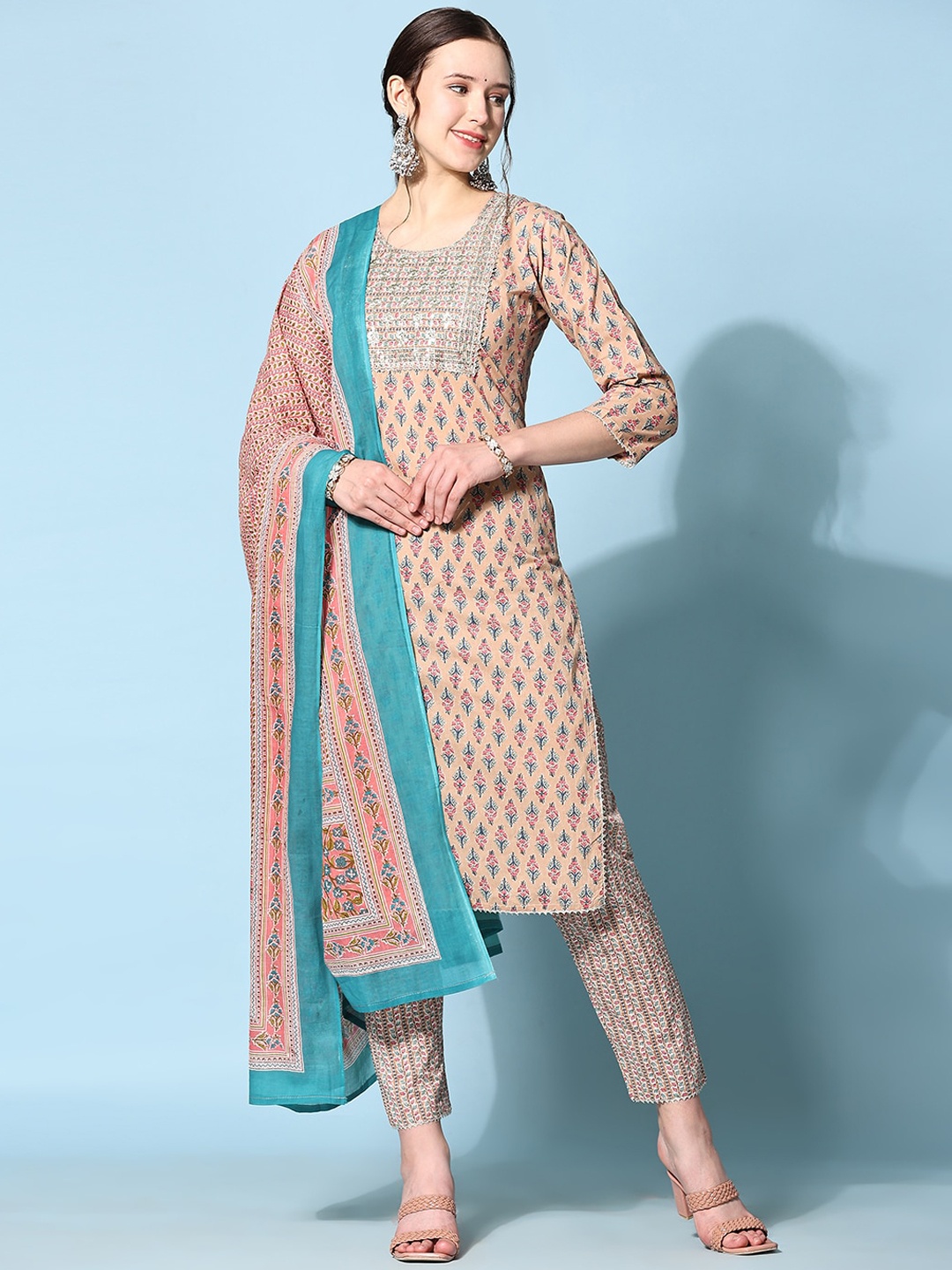 

KALINI Ethnic Motifs Printed Regular Kurta with Trousers & Dupatta, Beige