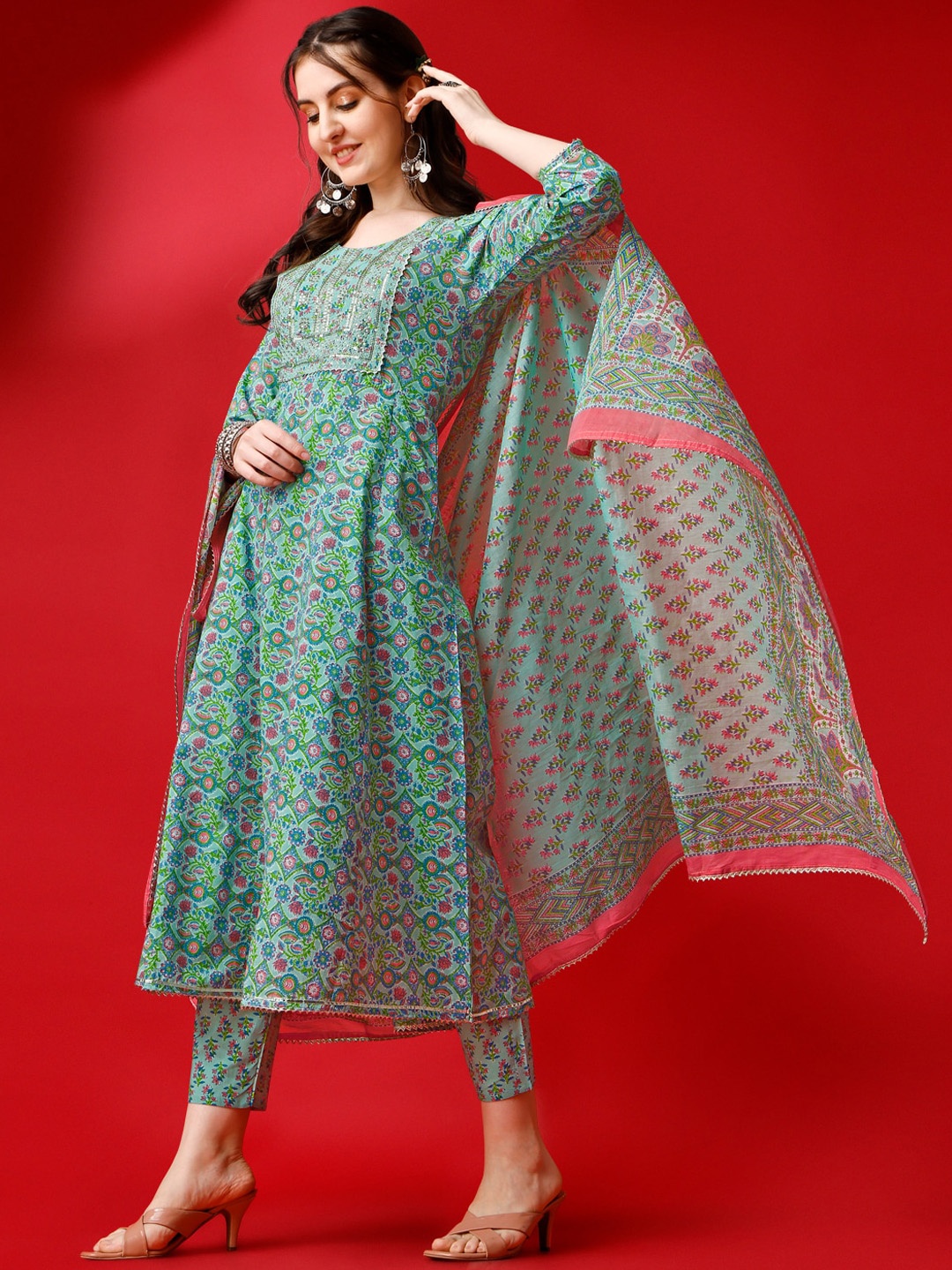 

KALINI Ethnic Motifs Printed Sequinned Kurta with Trousers & With Dupatta, Green
