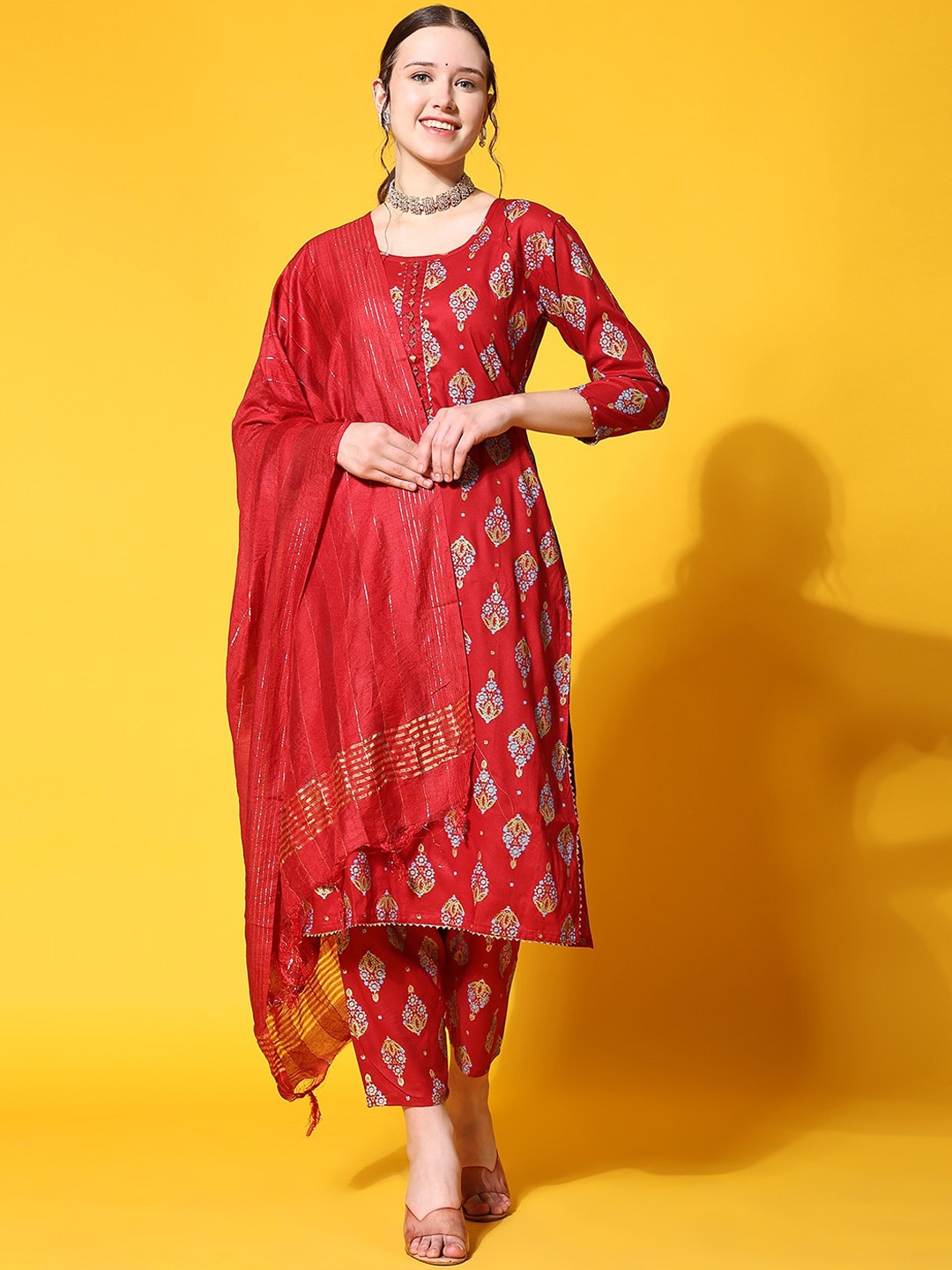 

KALINI Ethnic Motifs Printed Regular Kurta with Trousers & With Dupatta, Maroon