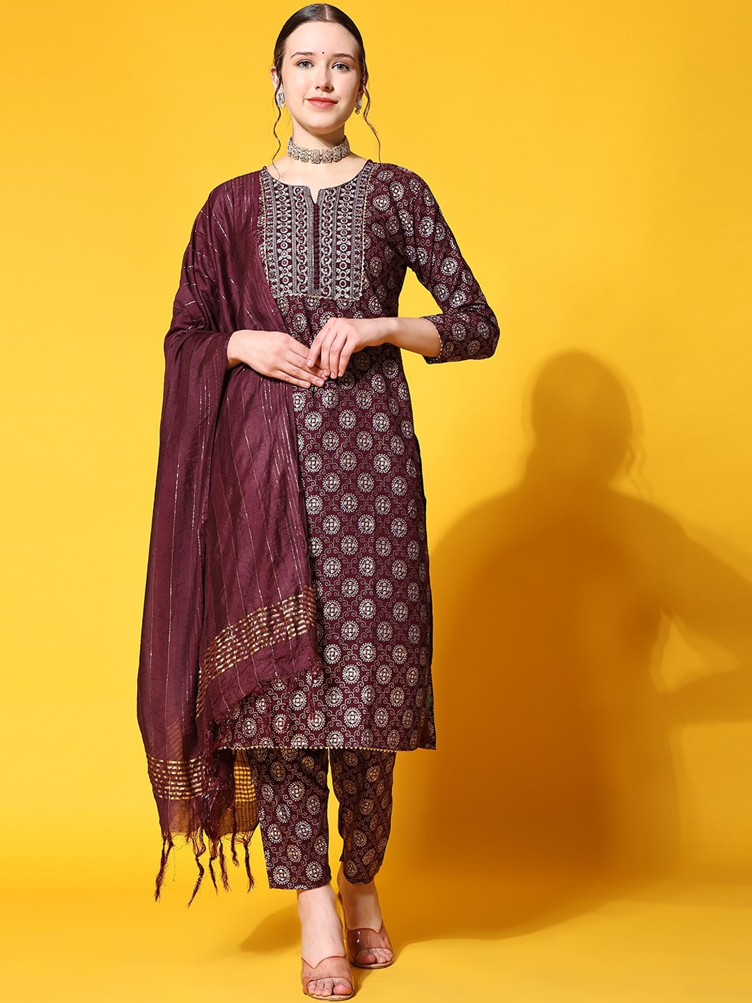 

KALINI Ethnic Motifs Printed Kurta with Trousers & With Dupatta, Brown