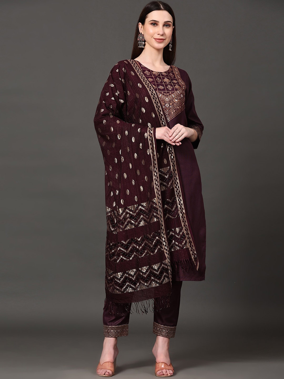 

KALINI Ethnic Motifs Embroidered Zari Kurta With Trousers & Dupatta, Purple