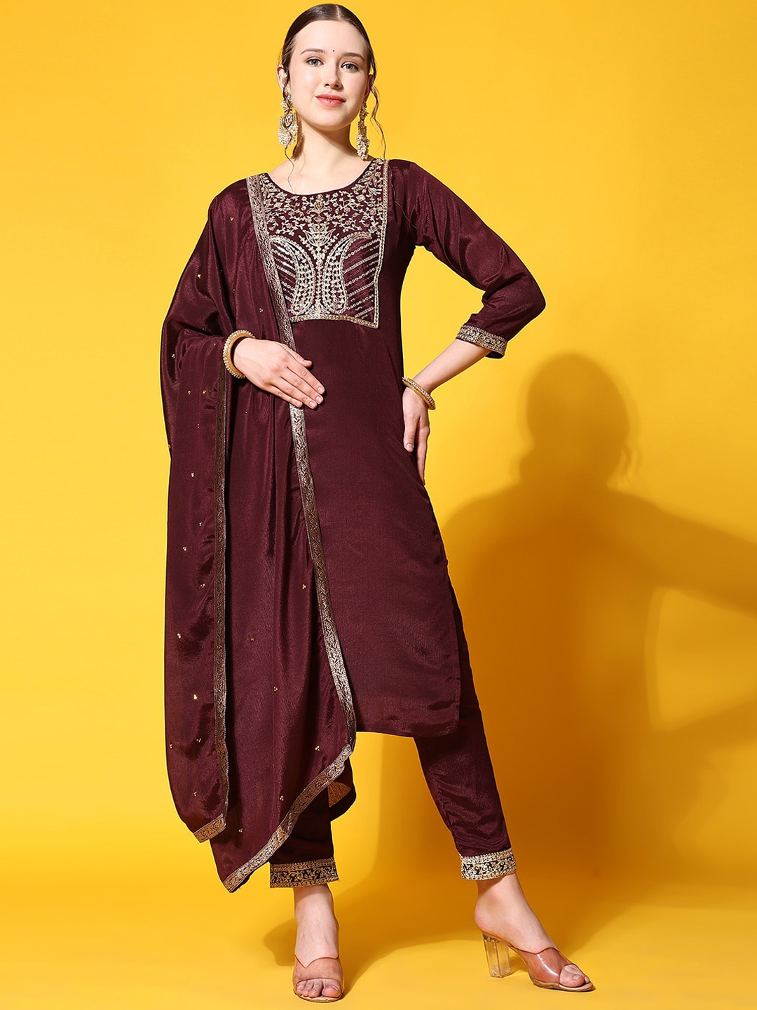 

KALINI Paisley Yoke Design Regular Pure Silk Kurta with Trousers & Dupatta, Brown