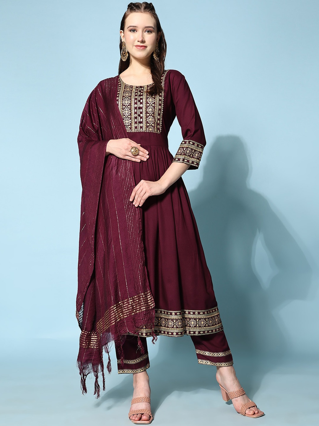 

KALINI Ethnic Motifs Yoke Design A-Line Kurta With Trousers & Dupatta, Brown