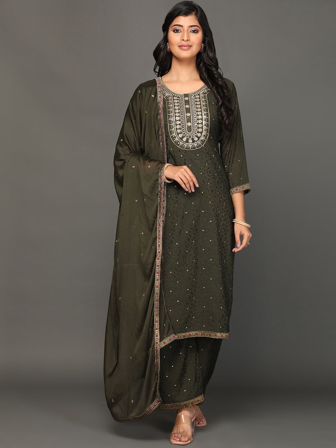 

KALINI Ethnic Motifs Embroidered Sequinned Pure Silk Kurta with Palazzos & With, Olive
