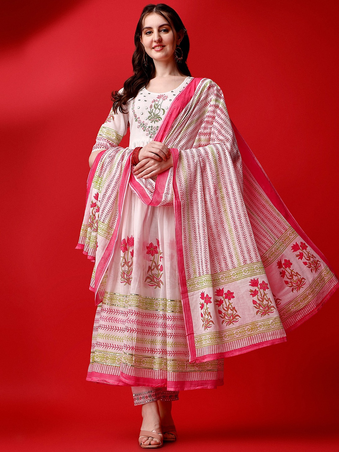 KALINI Floral Printed Mirror Work Anarkali Kurta with Trousers & With Dupatta, Red