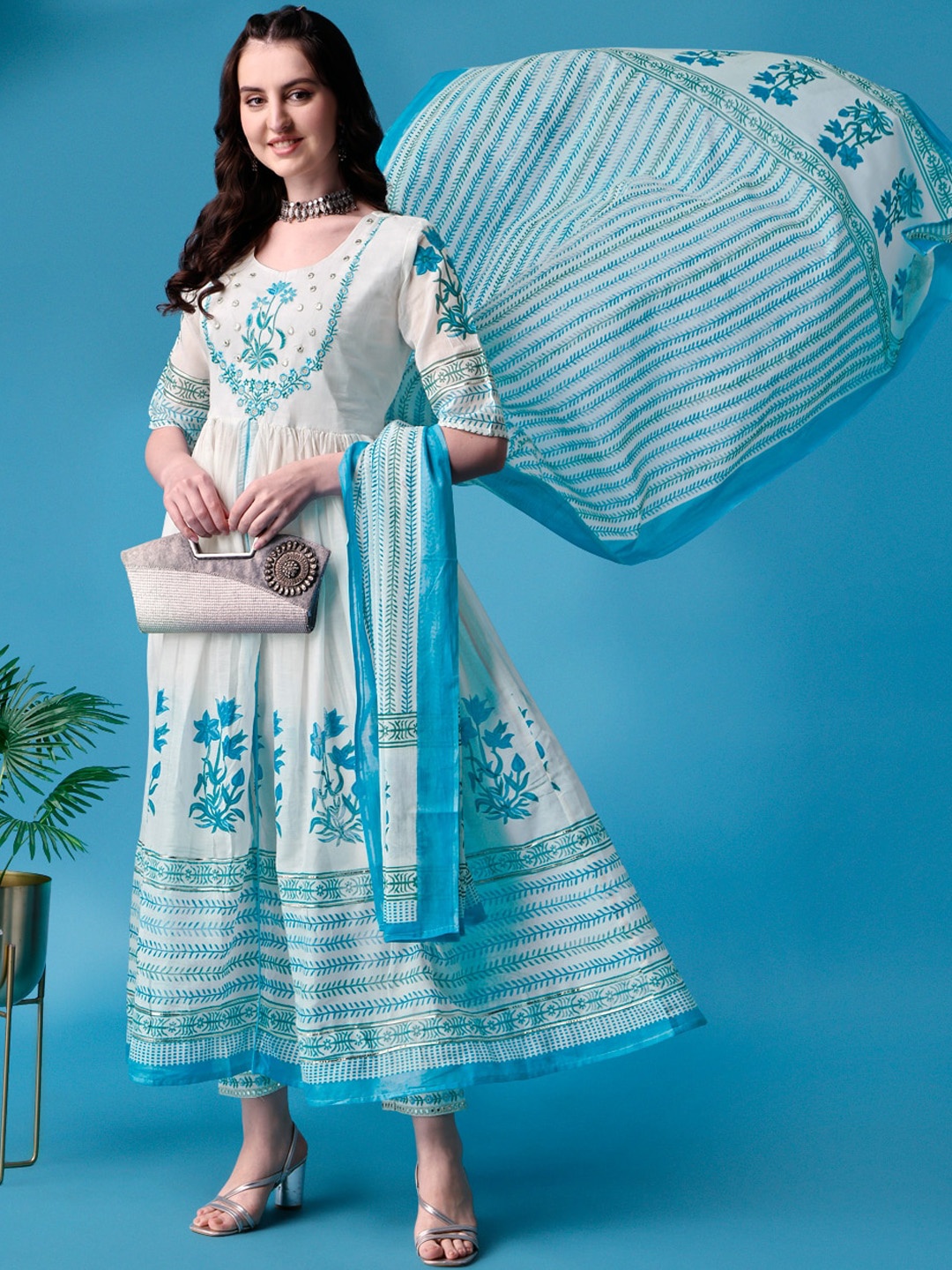 

KALINI Floral Printed Kurta With Trousers & Dupatta, Blue