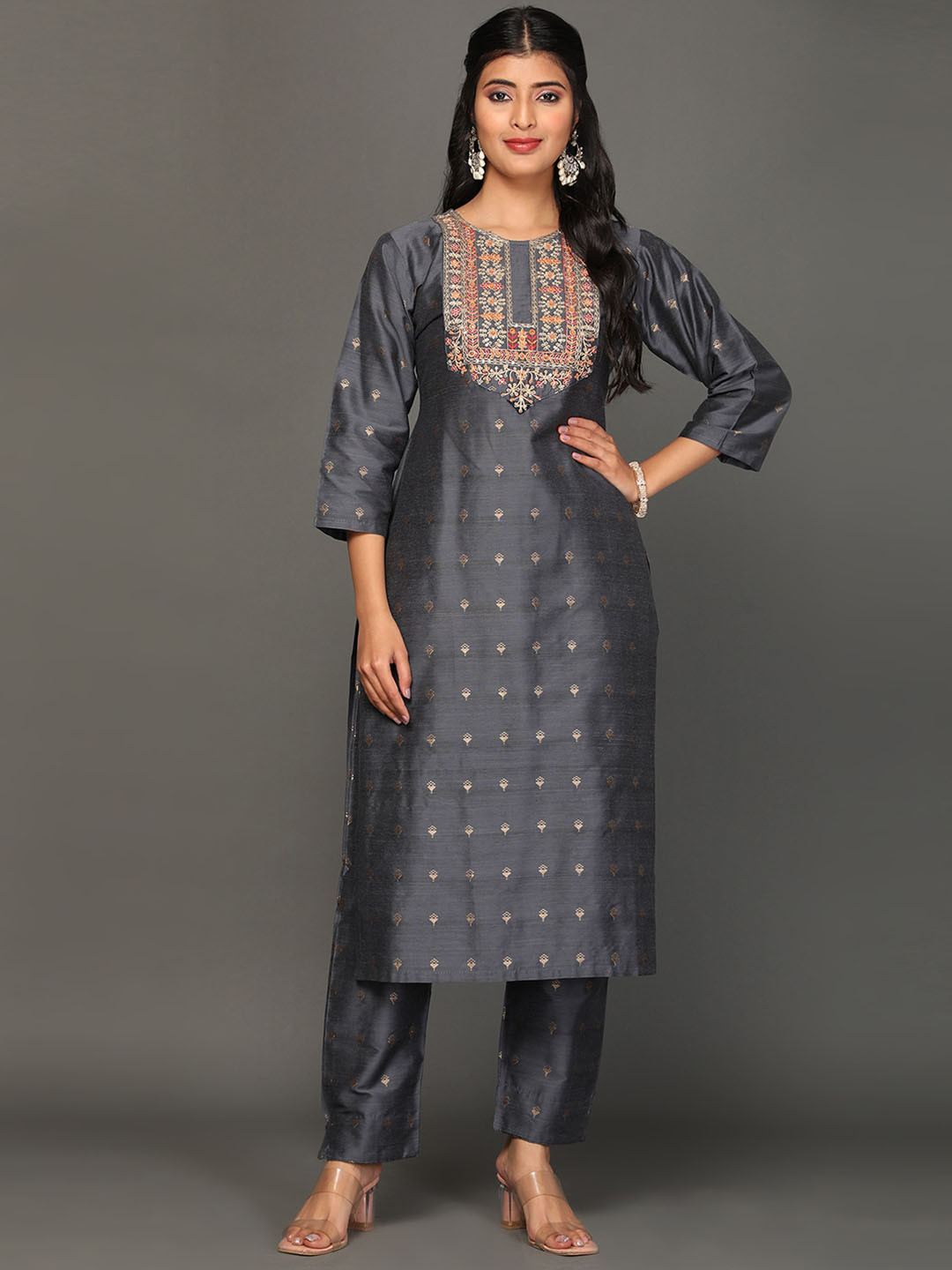 

KALINI Ethnic Motifs Woven Design Zari Kurta With Trousers & Dupatta, Grey