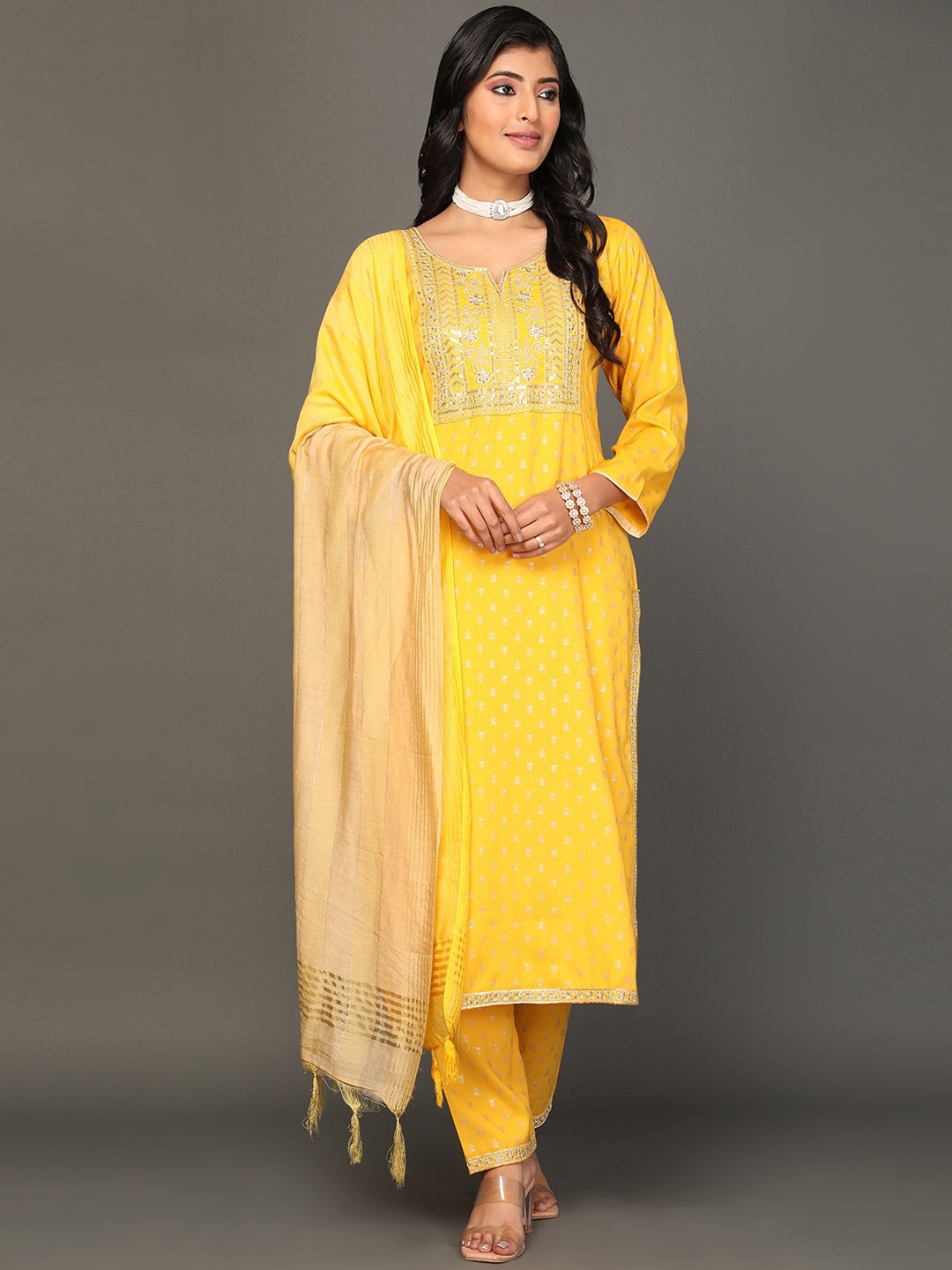 

KALINI Ethnic Motifs Printed Sequinned Straight Kurta With Trousers & Dupatta, Yellow