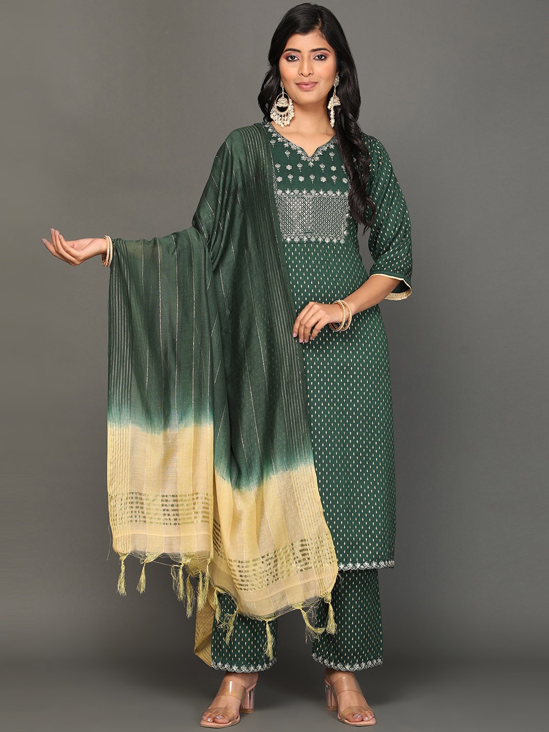 

KALINI Ethnic Motifs Embroidered Regular Kurta with Trousers & With Dupatta, Green
