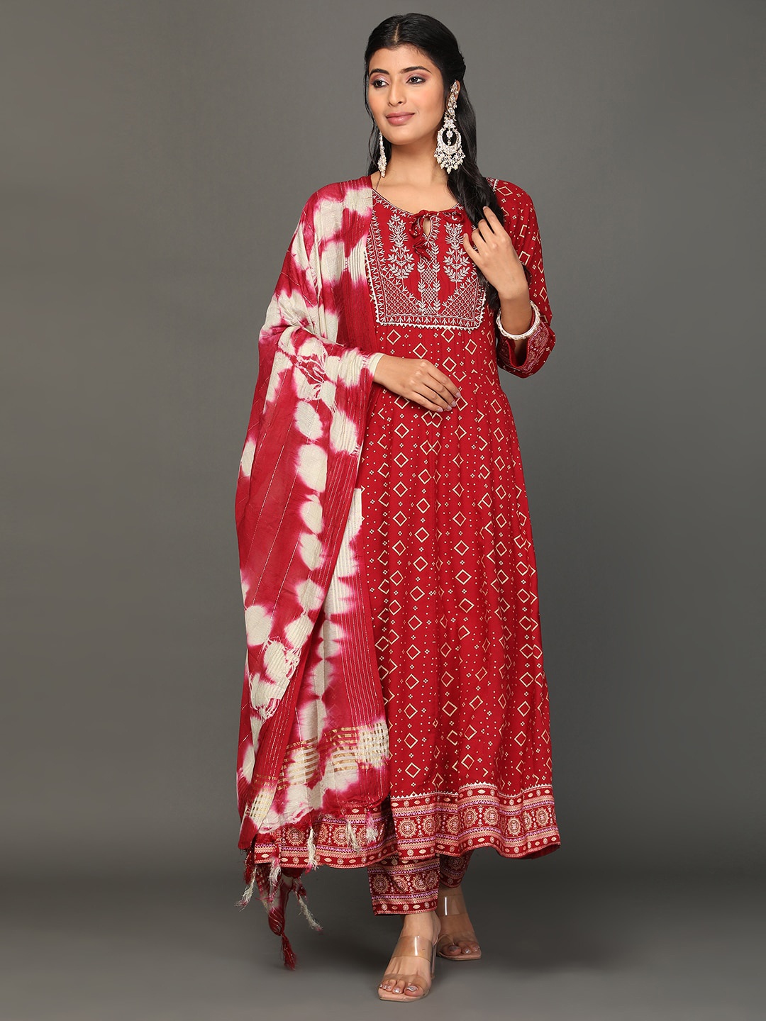 

KALINI Ethnic Motifs Printed Thread Work Kurta With Trousers & Dupatta, Red