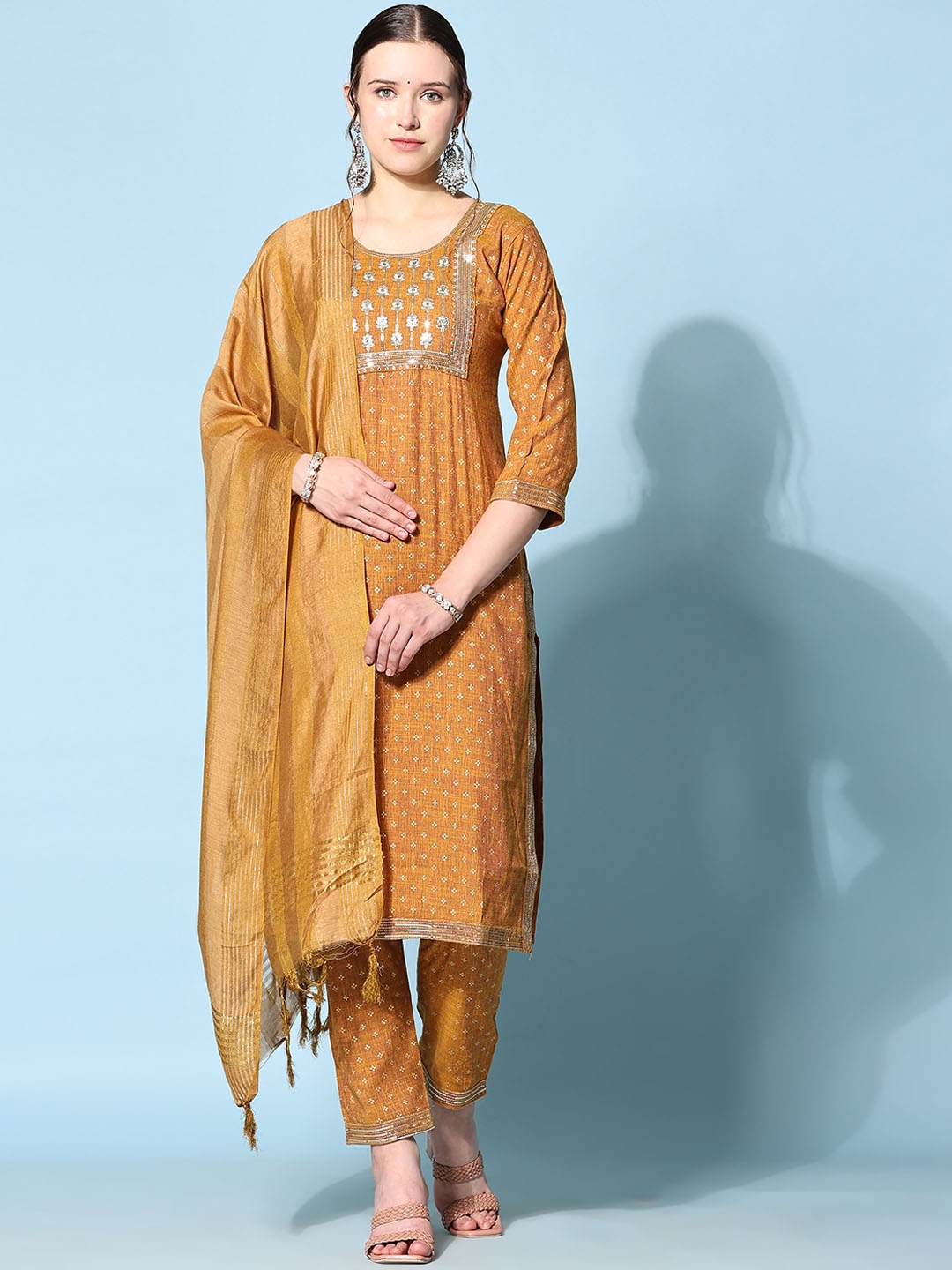 

KALINI Ethnic Motifs Printed Regular Thread Work Kurta with Trousers & Dupatta, Mustard