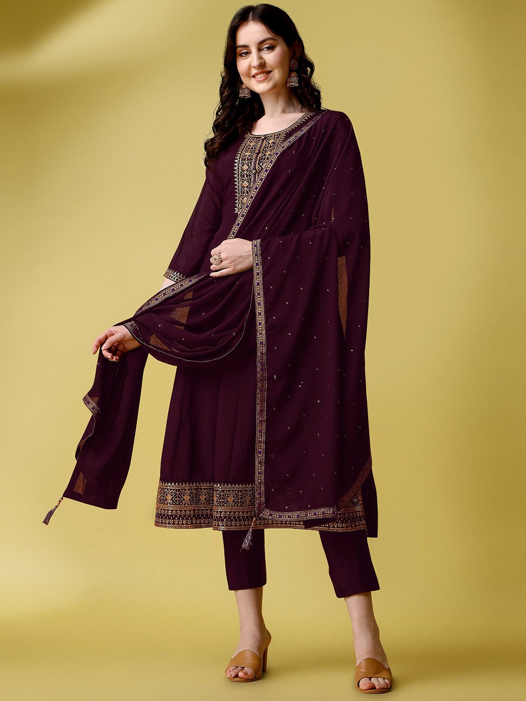 

KALINI Ethnic Motifs Yoke Design Regular Pure Silk Kurta with Trousers & Dupatta, Brown