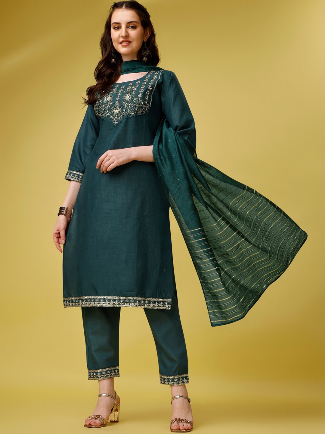 

KALINI Ethnic Motifs Yoke Design Thread Work Kurta with Trousers & Dupatta, Green