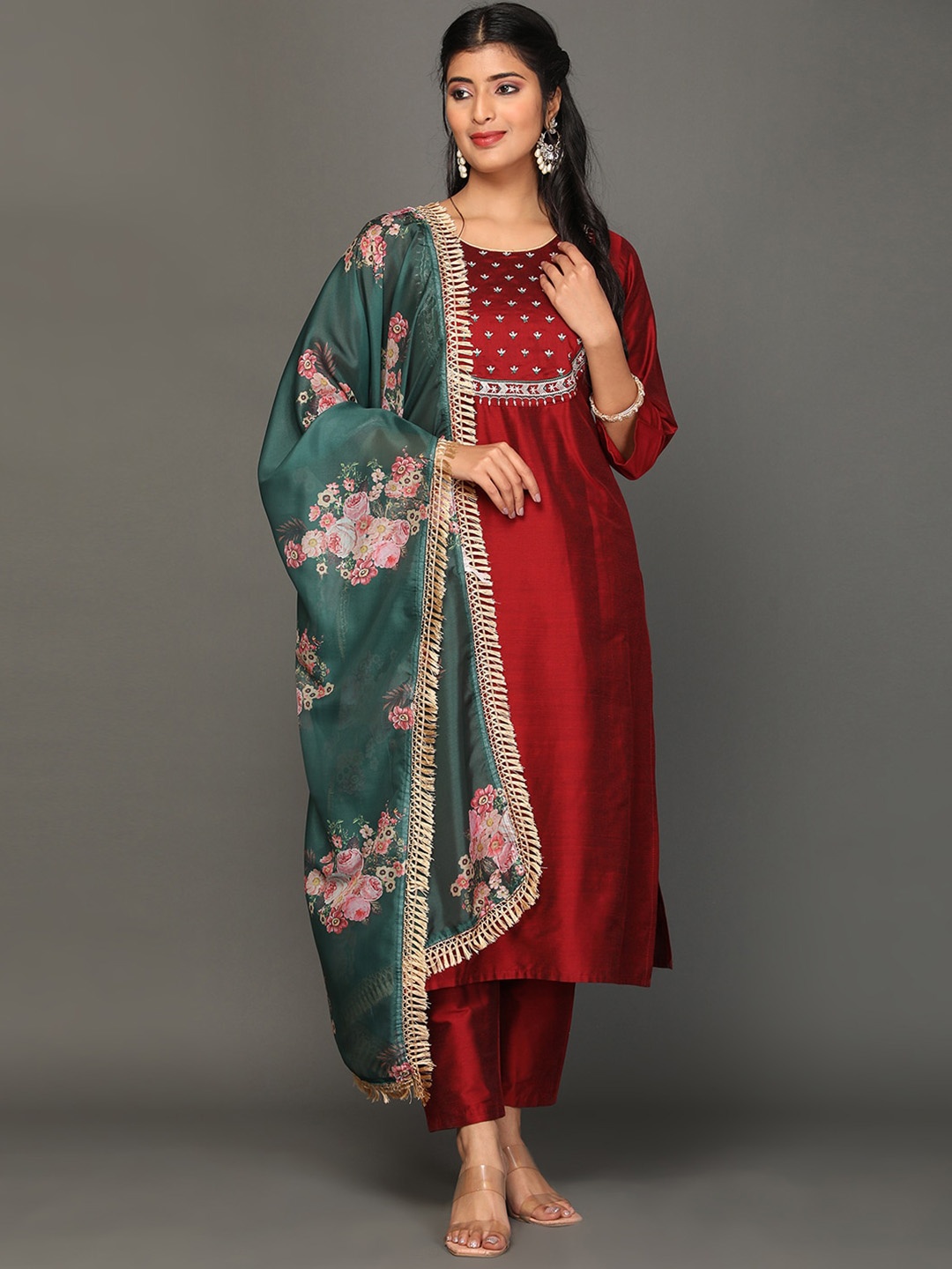 

KALINI Floral Embroidered Yoke Design Pure Silk Kurta With Trousers & Dupatta, Maroon