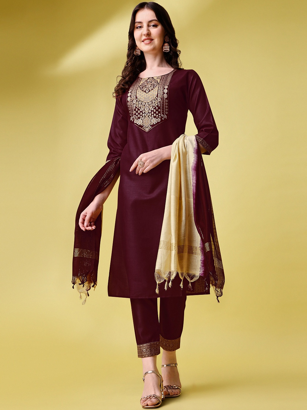 

KALINI Ethnic Motifs Yoke Design Regular Kurta With Trousers & Dupatta, Maroon