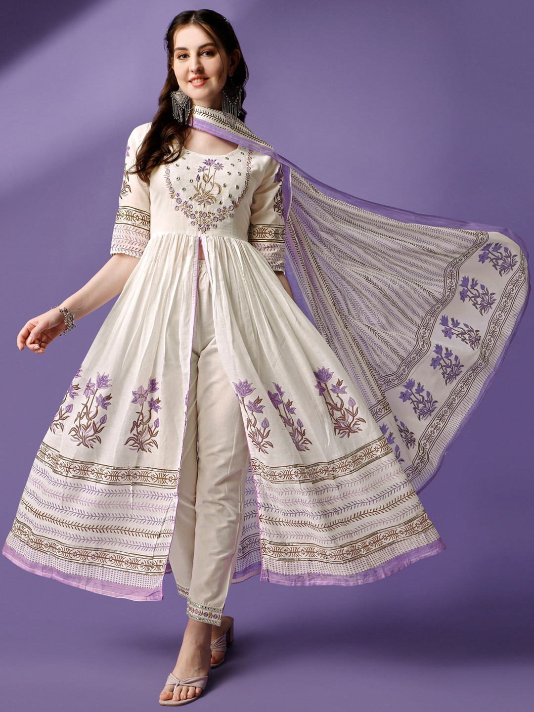 

KALINI Floral Embroidered Thread Work Anarkali Kurta With Trousers & Dupatta, Purple