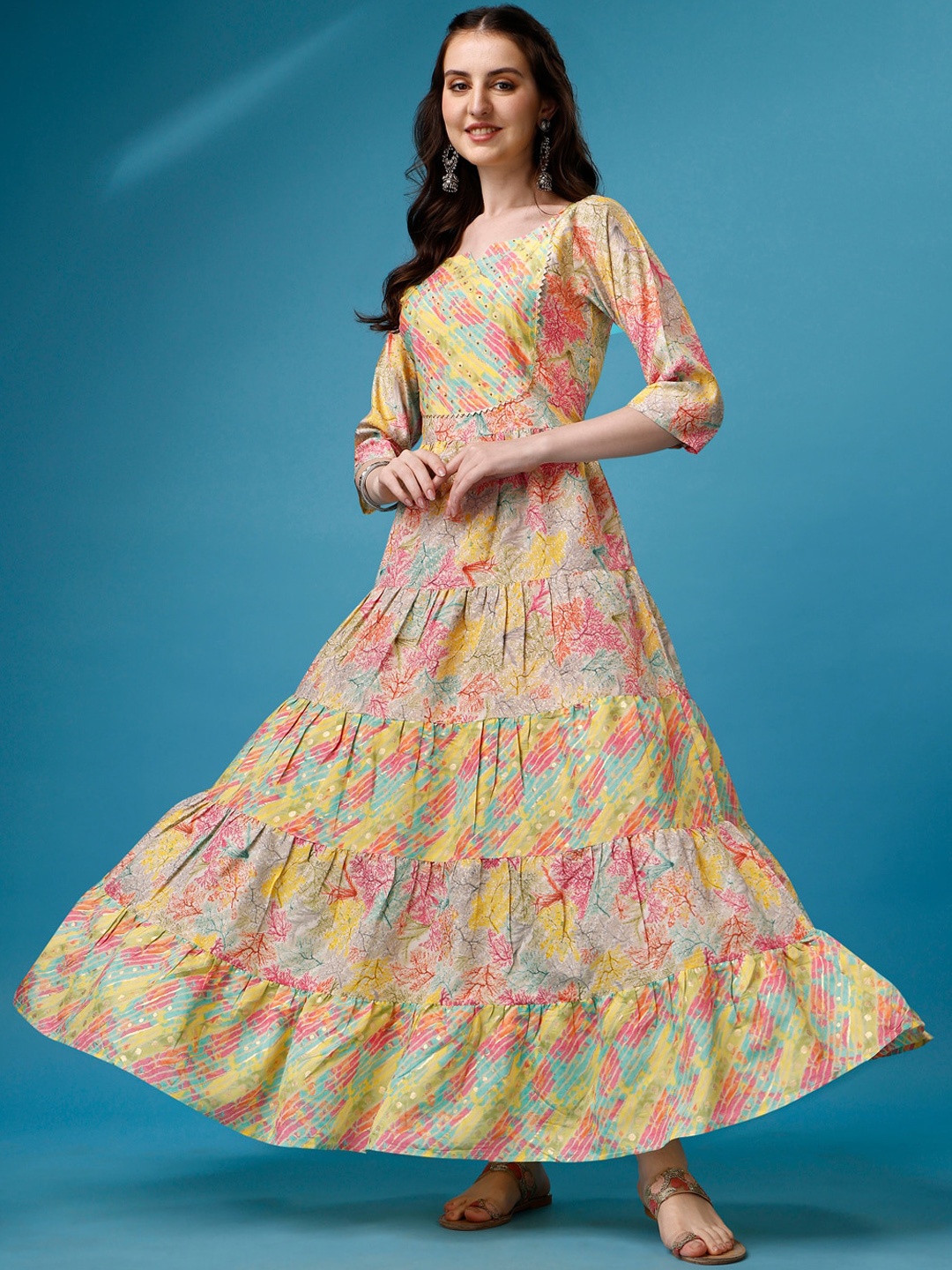 KALINI Floral Printed Mirror Work Anarkali Kurta with Trousers & With Dupatta, Yellow