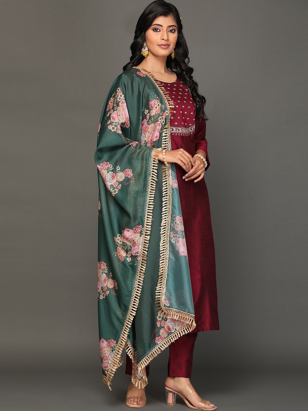 

KALINI Floral Yoke Design Pure Silk Kurta with Trousers & Dupatta, Brown