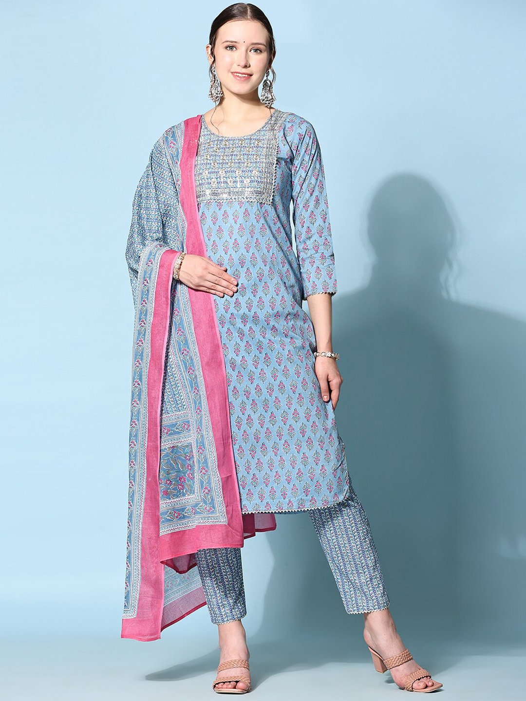 

KALINI Ethnic Motifs Printed Regular Gotta Patti Kurta with Trousers & Dupatta, Blue