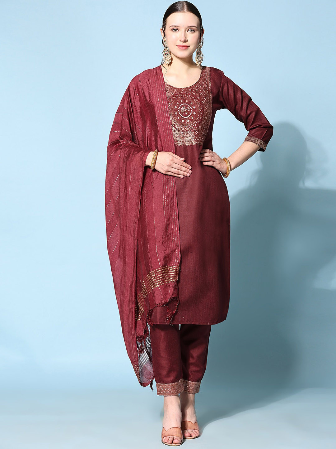 

KALINI Ethnic Motifs Yoke Design Kurta with Trousers & Dupatta, Maroon