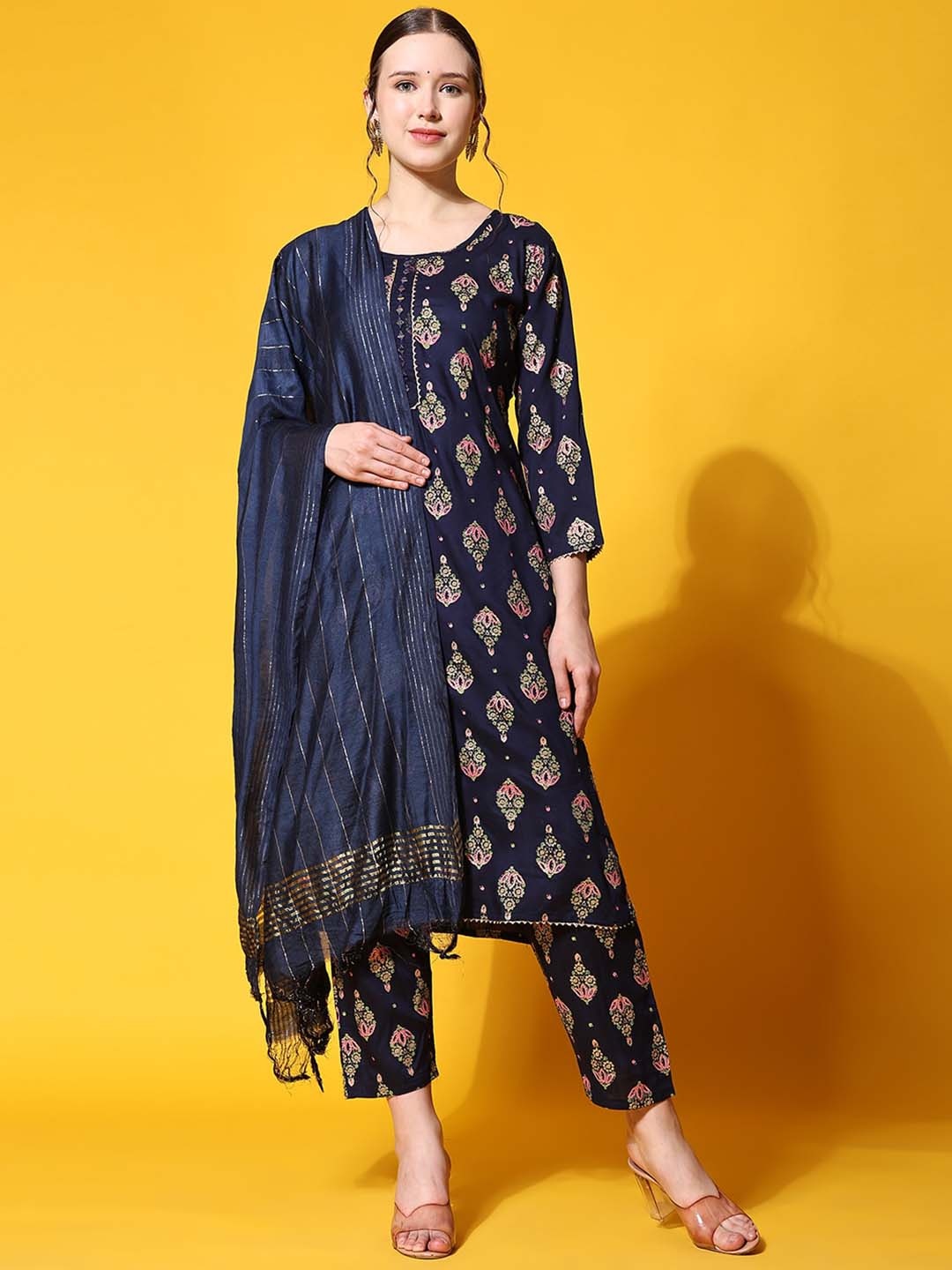 

KALINI Ethnic Motifs Printed Regular Kurta With Trousers & Dupatta, Navy blue