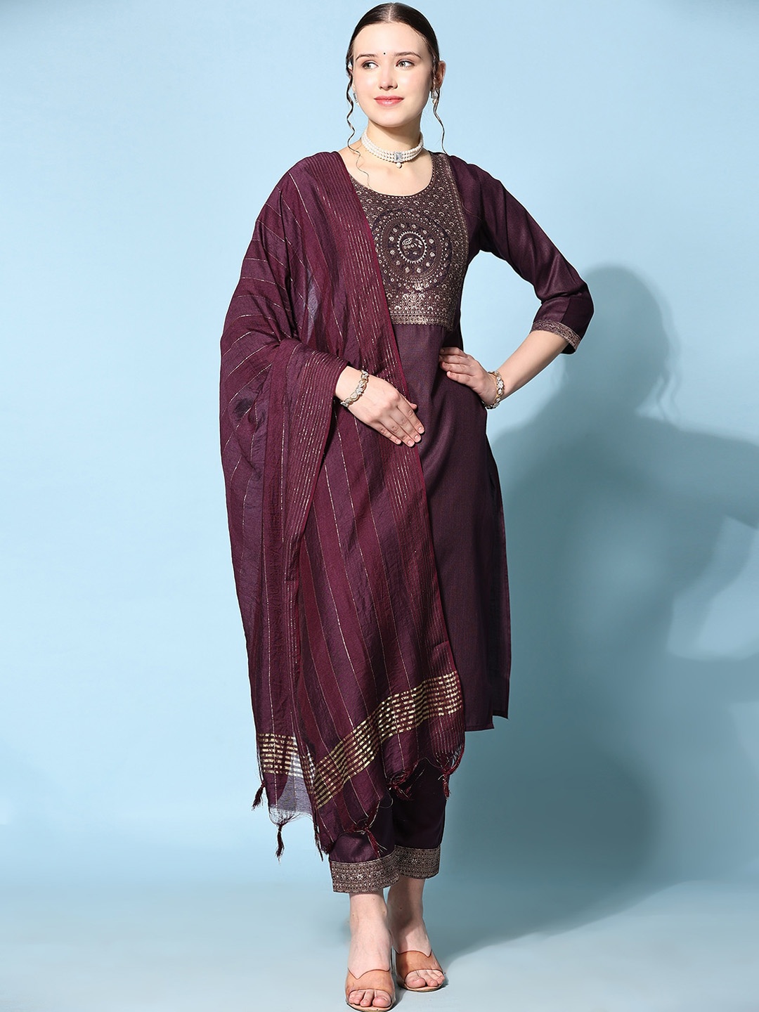 

KALINI Ethnic Motifs Yoke Design Gotta Patti Kurta With Trousers & Dupatta, Brown