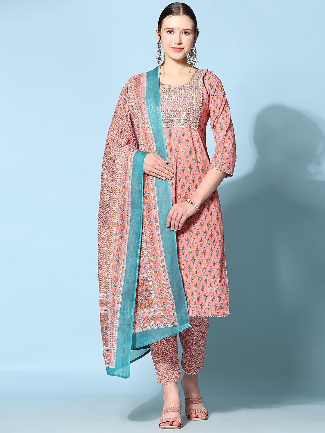 

KALINI Ethnic Motifs Printed Sequinned Kurta With Trousers & Dupatta, Peach