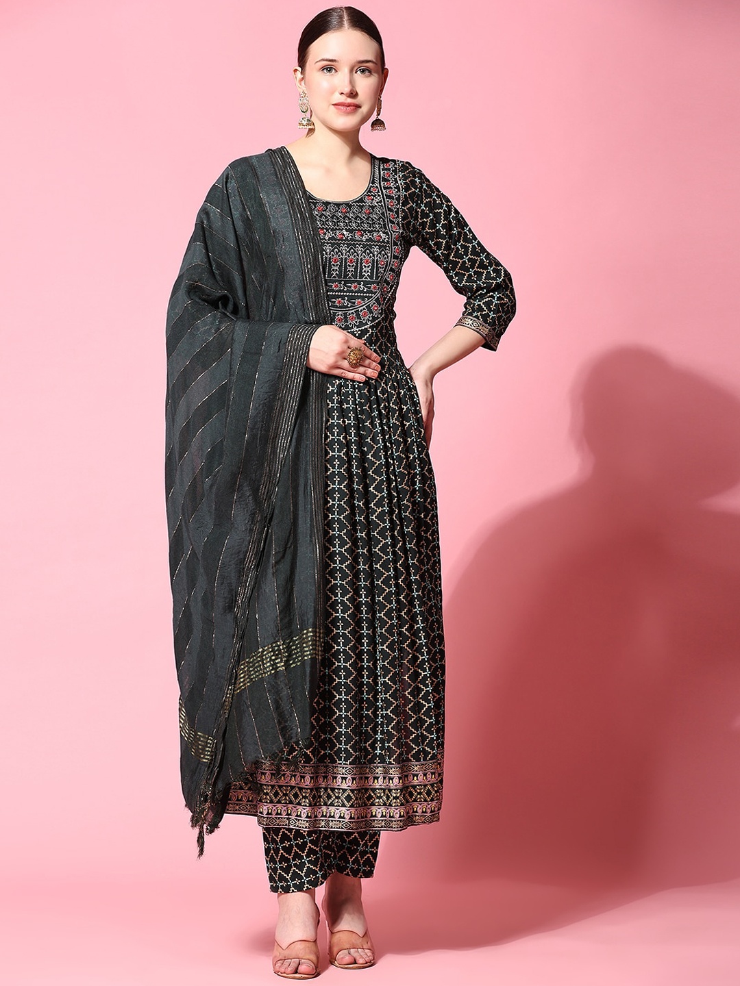 

KALINI Floral Printed Thread Work Kurta With Trousers & Dupatta, Green
