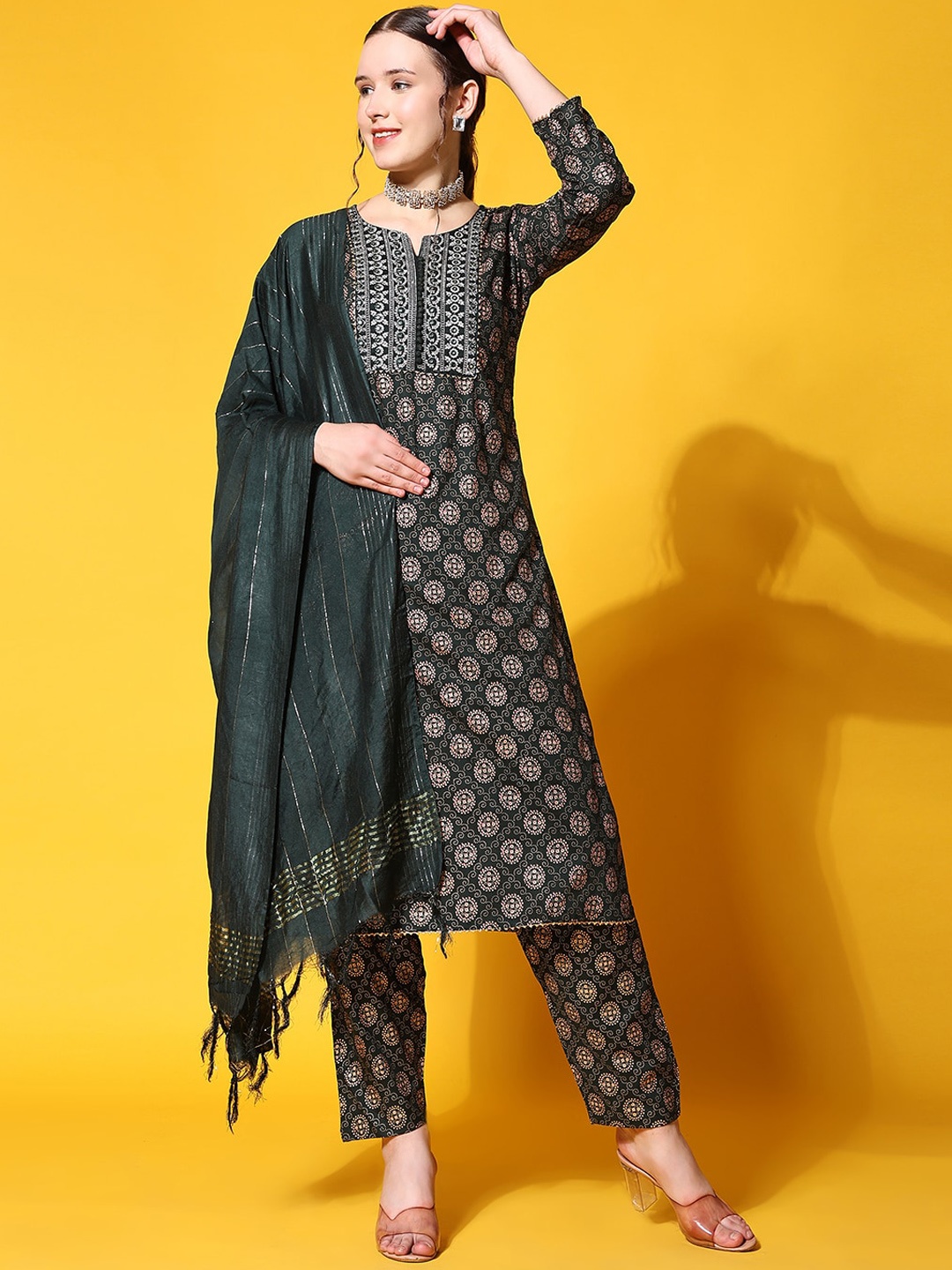 

KALINI Ethnic Motifs Printed Regular Kurta with Trousers & Dupatta, Green