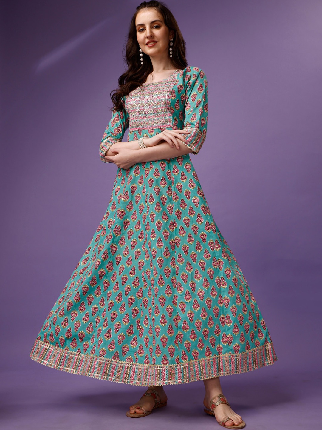 

KALINI Ethnic Motifs Printed Thread Work Anarkali Kurta & Trousers With Dupatta, Green