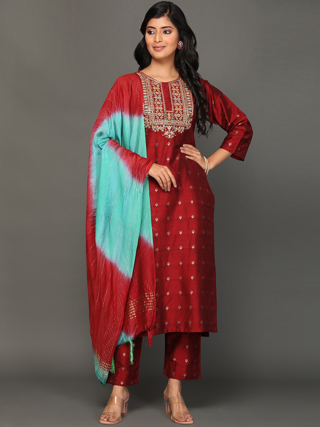 

KALINI Ethnic Motifs Embroidered Pure Silk Kurta with Trousers & Dupatta, Maroon