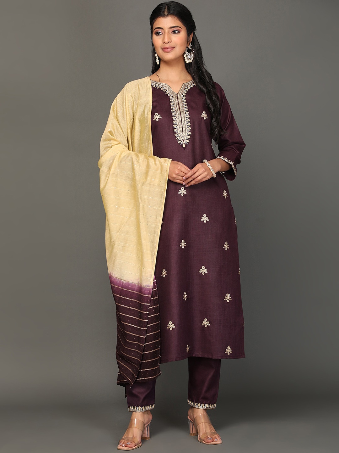 

KALINI Floral Embroidered Regular Kurta with Trousers & Dupatta, Brown