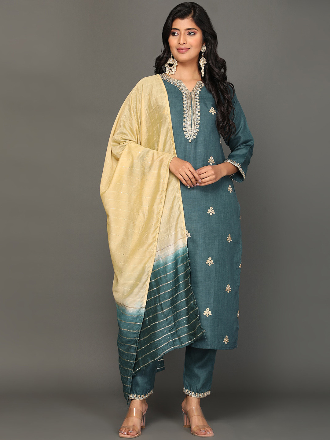 

KALINI Ethnic Motifs Embroidered Regular Thread Work Kurta with Trousers & Dupatta, Green