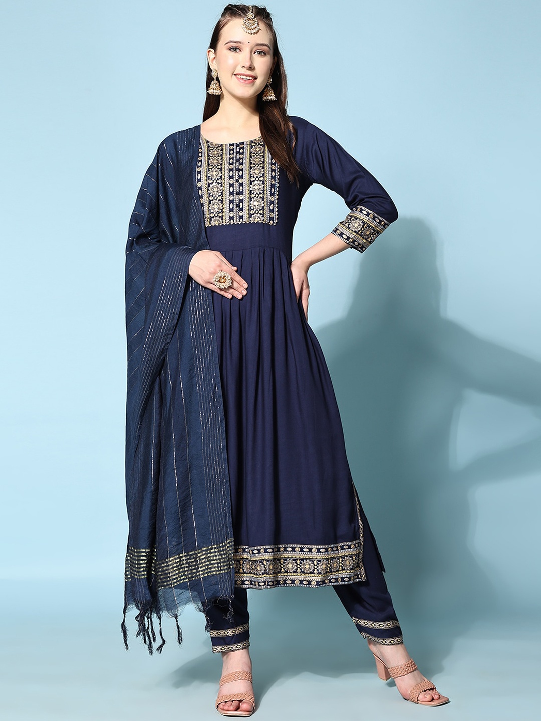 

KALINI Floral Yoke Design Kurta with Trousers & Dupatta, Navy blue