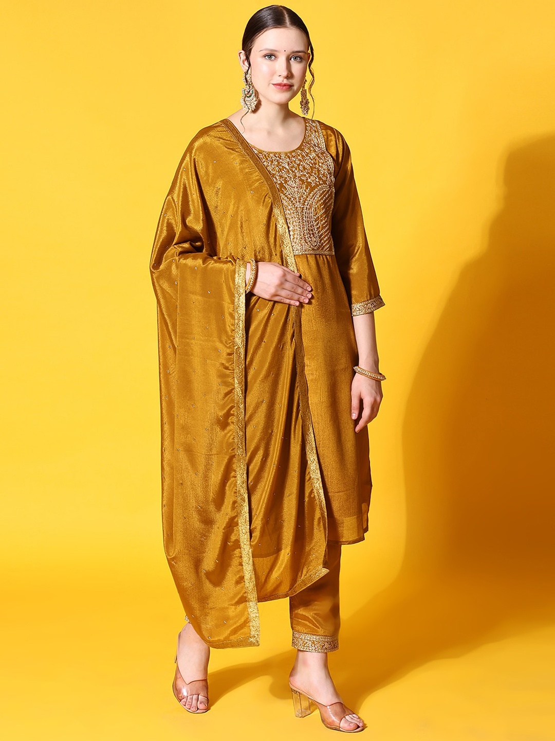 

KALINI Ethnic Motifs Yoke Design Pure Silk Kurta & Trousers With Dupatta, Mustard