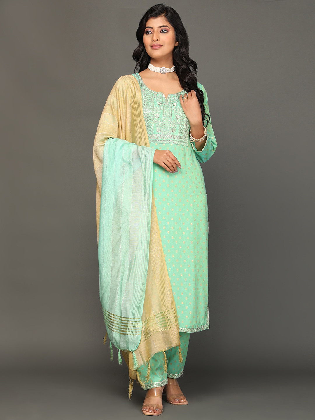 

KALINI Floral Embroidered Regular Kurta with Trousers & Dupatta, Green