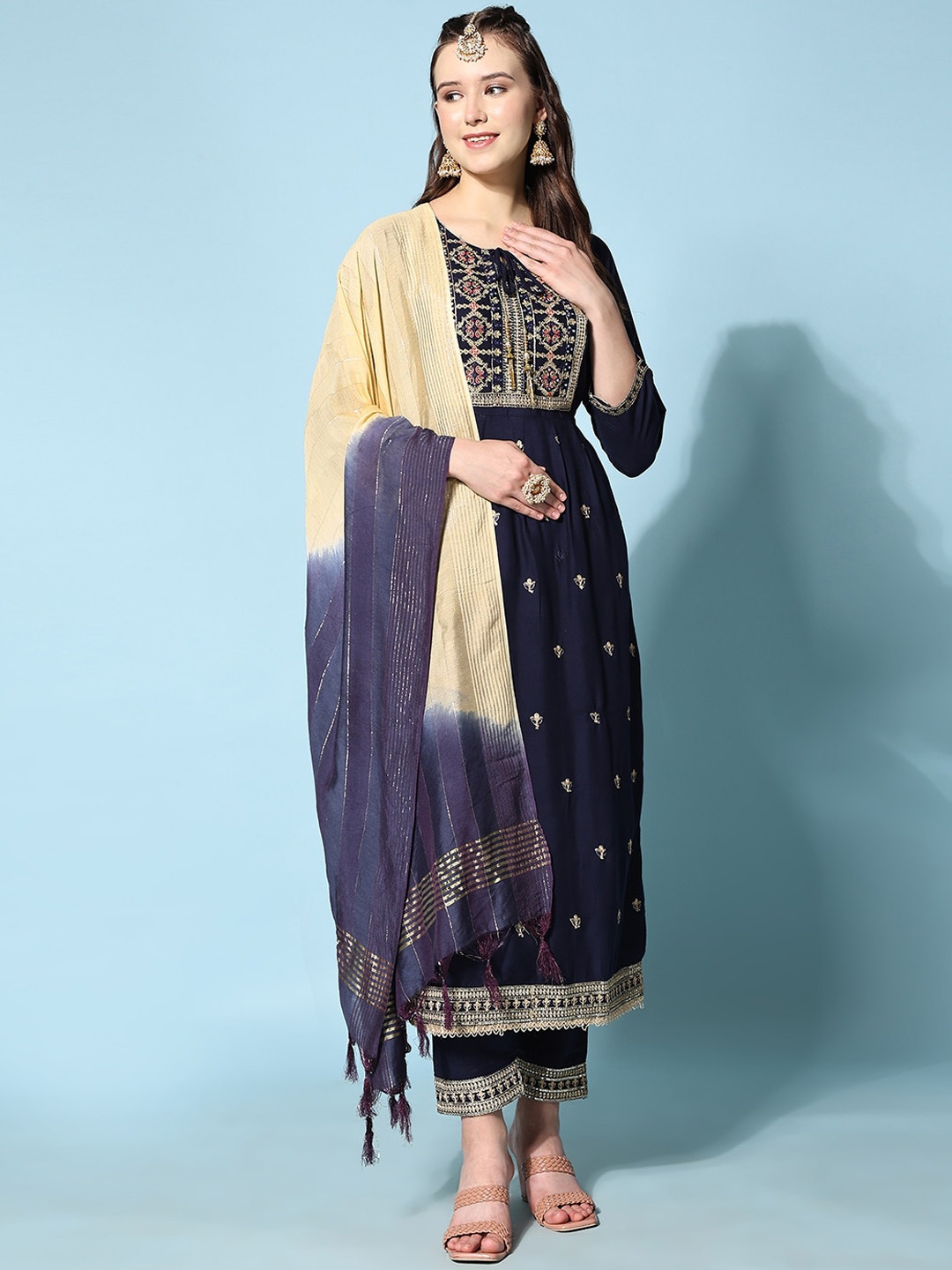 

KALINI Ethnic Motifs Embroidered Sequinned Kurta With Trousers & Dupatta, Navy blue