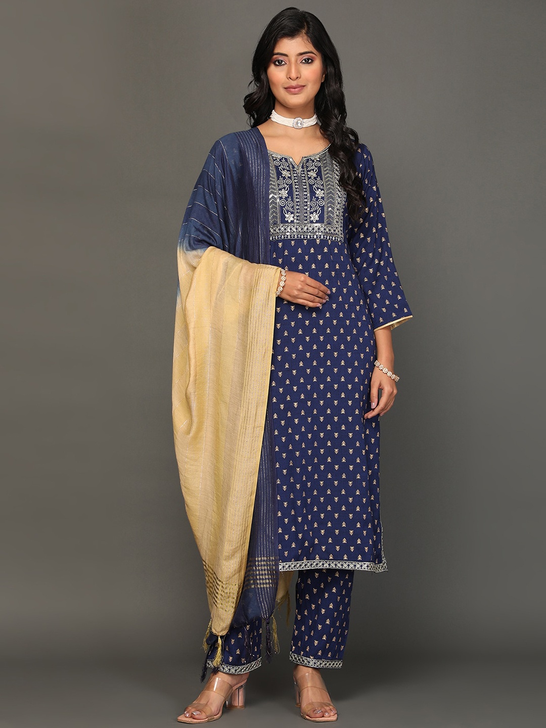 

KALINI Ethnic Motifs Embroidered Pure Silk Zari Kurta with Trousers & Dupatta, Blue