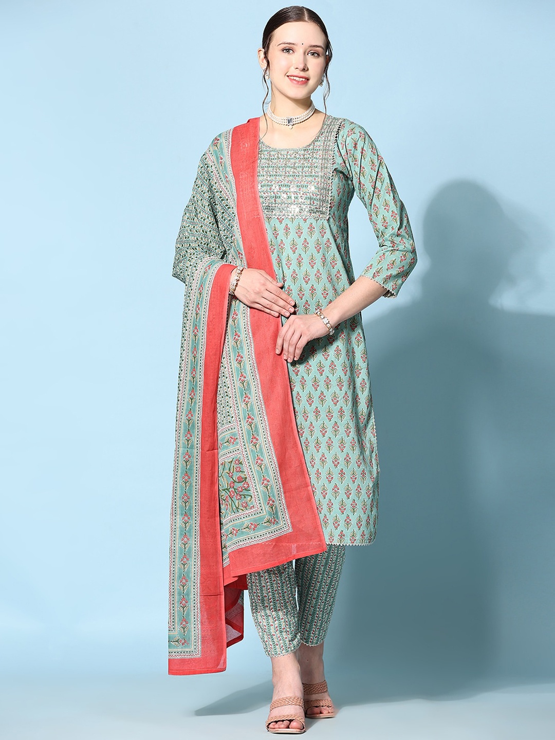 

KALINI Floral Printed Sequinned Kurta With Trousers & Dupatta, Green