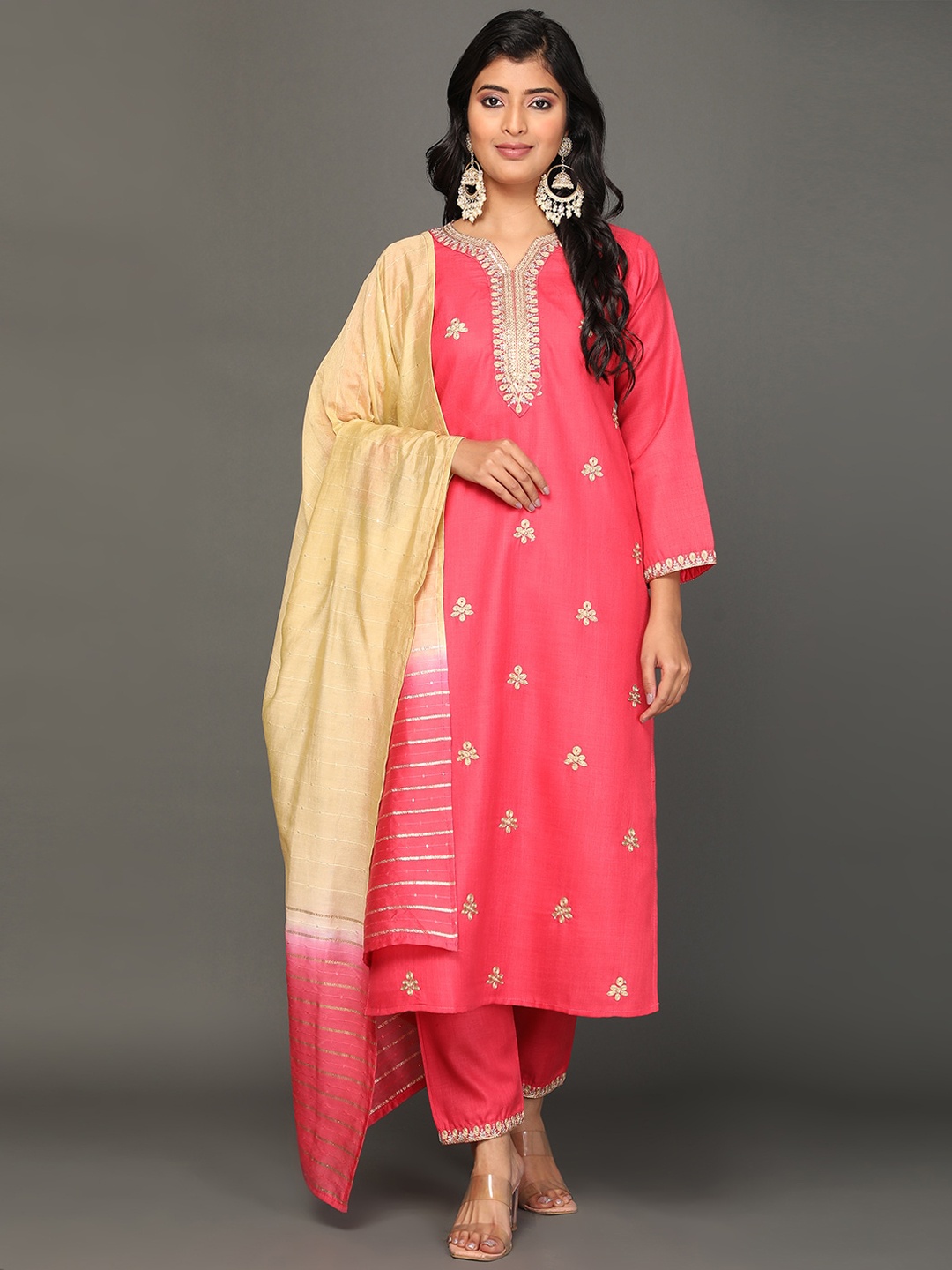 

KALINI Ethnic Motifs Embroidered Round Neck Thread Work Kurta with Trousers & Dupatta, Pink